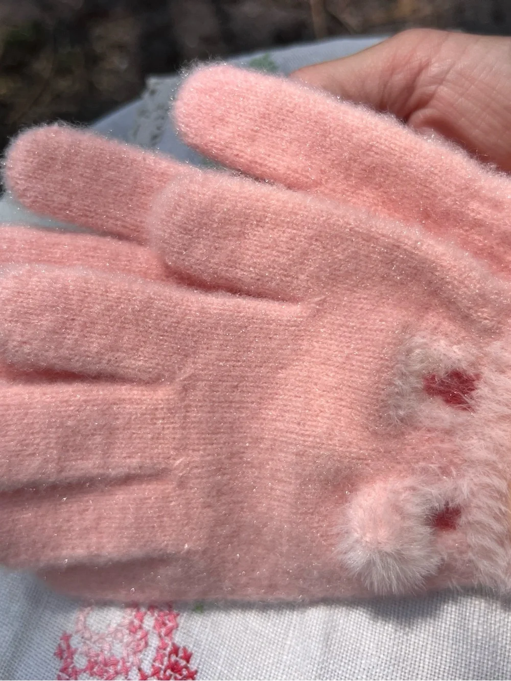 Girls’ Pink Plush Character Mittens with Fuzzy Cuffs